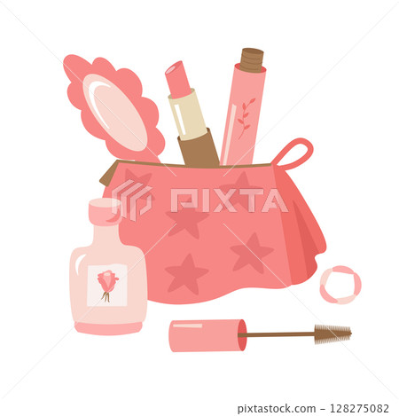 Women's cosmetic bag with lipstick, mascara, perfume, mirror. Isolated vector illustration. A clipart of items for self-care, makeup application. 128275082