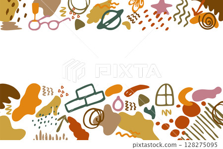 Abstract template for a banner text, a poster from hand-drawn in the style of doodles. Spots, stripes, drops, star, zigzag, handwriting, leaves. Vector illustration. Abstract template for a banner text, a poster from hand-drawn in the style of doodles. Spots, stripes, drops, star, zigzag, handwriting, leaves. Vector illustration. 128275095