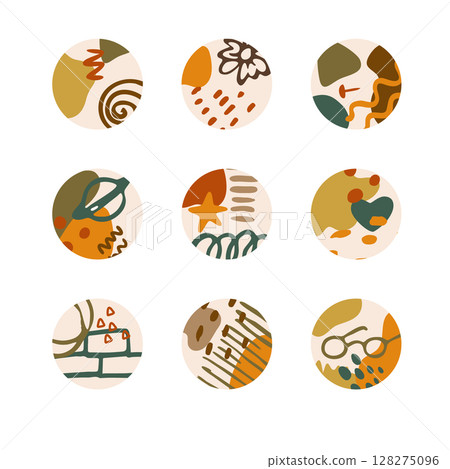 Highlights for social media stories from abstract, hand-drawn figures. Fashionable design of spots, stripes, zigzag, handwriting for a design in a cute casual style. Vector illustration. Highlights for social media stories from abstract, hand-drawn figures. Fashionable design of spots, stripes, zigzag, handwriting for a design in a cute casual style. Vector illustration. 128275096