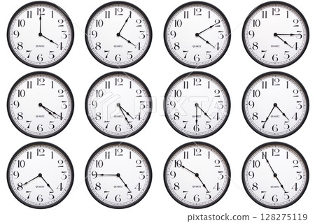 A set of 12analog wall clocks with black frames and bold numbers, each showing a different hour from 04:00 to 04:55 or 16:00 to 16:55. Perfect for time related infographics. 128275119