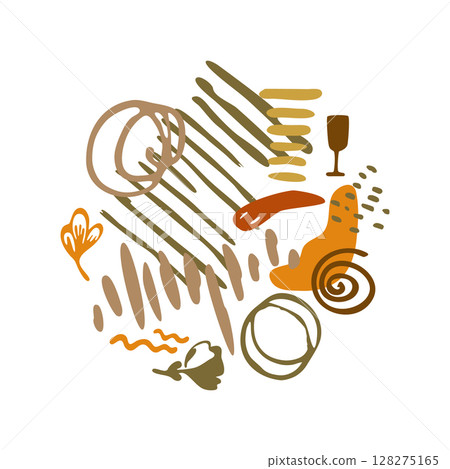 Abstract print of spots and shapes, stripes, colors. Vector collage in the shape of a circle in a cute casual style. For application on a T-shirt, poster, banner. 128275165