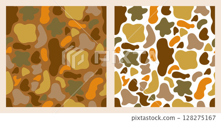 Seamless camouflage pattern of abstract spots of green, yellow, orange. Set of two options on a white and brown background. Vector illustration for printing on paper, fabric, packaging. Seamless camouflage pattern of abstract spots of green, yellow, orange. Set of two options on a white and brown background. Vector illustration for printing on paper, fabric, packaging. 128275167