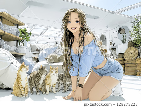 Cat Cafe: Illustration of a smiling woman surrounded by cats 128275225