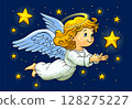 Cute cartoon christmas angel with halo flying in the night sky, cartoon style 128275227