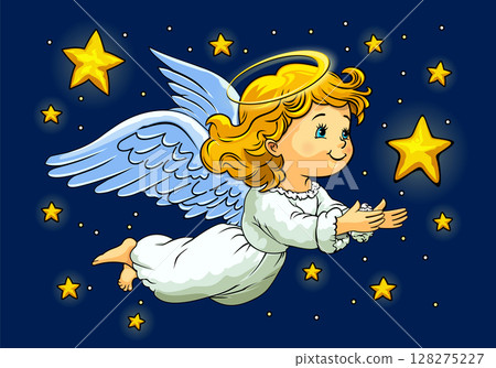 Cute cartoon christmas angel with halo flying in the night sky, cartoon style Cute cartoon christmas angel with halo flying in the night sky, cartoon style 128275227