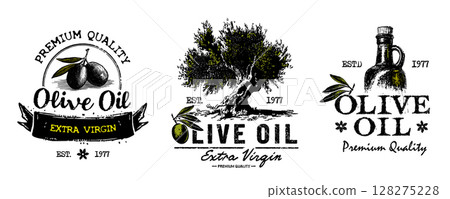 Olive oil. Premium quality. Set of vintage olive oil logos 128275228
