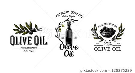 Olive oil. Premium quality. Set of vintage olive oil logos Olive oil. Premium quality. Set of vintage olive oil logos 128275229