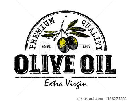Hand drawn olive oil label with branch and text Hand drawn olive oil label with branch and text 128275231