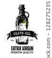 Hand-drawn vintage illustration of an olive oil bottle with text 128275235