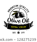 Vintage olive oil label with hand-drawn black olives and banner for organic gourmet packaging design 128275239