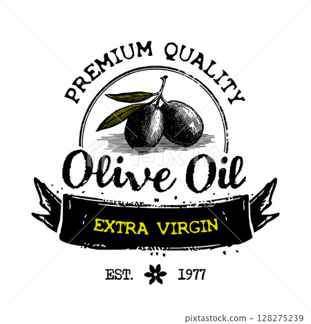Vintage olive oil label with hand-drawn black olives and banner for organic gourmet packaging design Vintage olive oil label with hand-drawn black olives and banner for organic gourmet packaging design 128275239