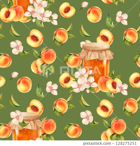 Seamless pattern featuring jars of peach jam, ripe peaches, and blossoms on a green background, ideal for kitchenware and eco-friendly packaging. 128275251
