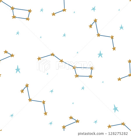 Seamless pattern with constellations on a white background. Cute cartoon-style vector illustration with stars for your design. Seamless pattern with constellations on a white background. Cute cartoon-style vector illustration with stars for your design. 128275282