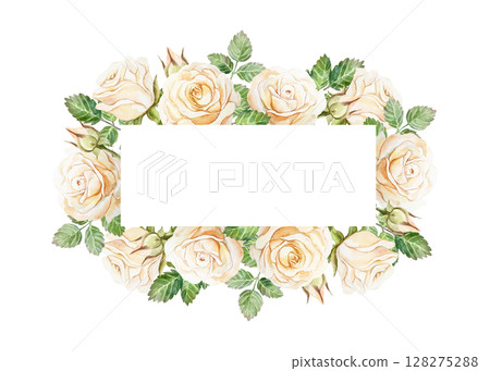 Pastel roses text frame. Horizontal. Hand drawn watercolor illustration isolated on white. For greeting cards, save the date, valentines day, wedding invitations, labels, covers. 128275288