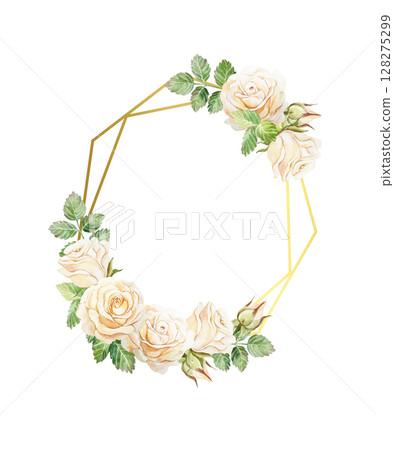 Golden frame decorated with peach pastel roses flowers. Hand drawn watercolor illustration isolated on white. For greeting cards, save the date, wedding invitations, labels, covers, banners. 128275299