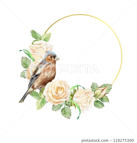 Round golden frame decorated with beige rose flowers and sitting bird. Hand drawn watercolor illustration isolated on white. Greeting cards, save the date, wedding invitations, labels, covers, banners 128275300