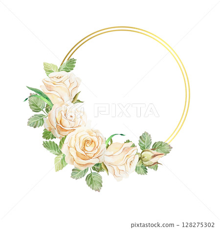 Round golden frame decorated with peach rose flowers. Hand drawn watercolor illustration isolated on white. For greeting cards, save the date, wedding invitations, labels, covers, banners. 128275302