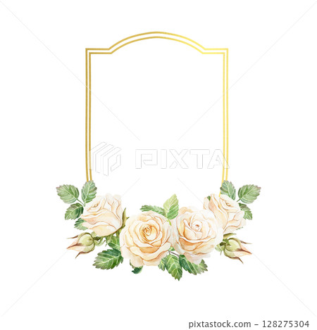 Golden frame decorated with peach pastel roses. Hand drawn watercolor illustration isolated on white. For greeting cards, wedding invitations, labels, covers, banners. 128275304