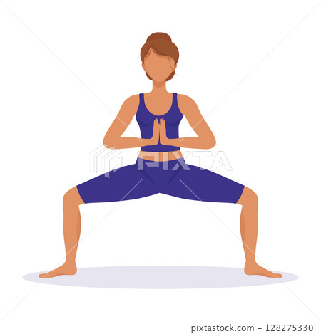Girl does yoga, sits in the pose of a goddess, hands in namaste. Vector illustration of sports and healthy lifestyle. Ancient Indian practice of spiritual development, health and harmony. Girl does yoga, sits in the pose of a goddess, hands in namaste. Vector illustration of sports and healthy lifestyle. Ancient Indian practice of spiritual development, health and harmony. 128275330