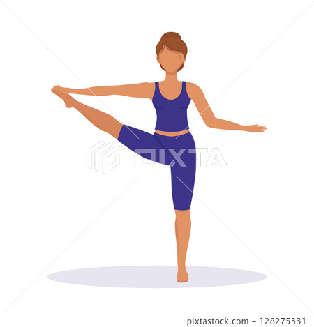 Girl does yoga, stands in the stretching position with her hand, by the toe. Vector illustration of sports and healthy lifestyle. Ancient Indian practice of spiritual development, health and harmony. 128275331