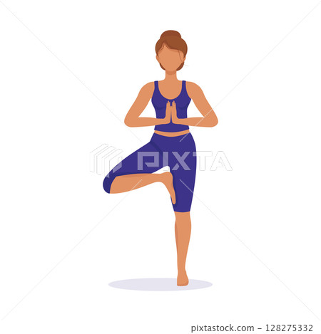 Girl does yoga, stands in the pose of a tree. Vector illustration of sports and healthy lifestyle. Ancient Indian practice of spiritual development, health and harmony. 128275332