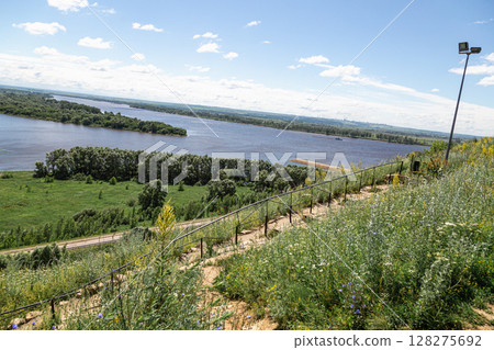 The tower of an ancient Bulgarian fortress on a high cliff on the banks of the Kama River, Elabuga, Tatarstan, Russian Federation 128275692