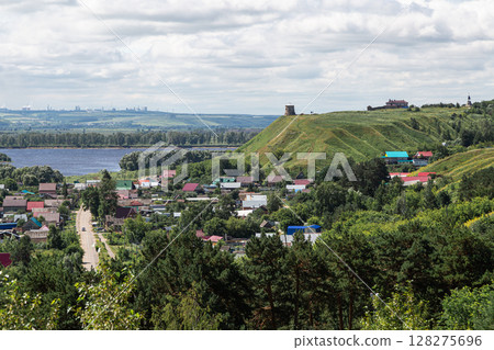 The tower of an ancient Bulgarian fortress on a high cliff on the banks of the Kama River, Elabuga, Tatarstan, Russian Federation 128275696