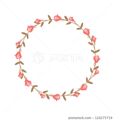 Wreath of pink roses and beige twigs with leaves. Festive vector illustration for ordering postcards, invitations. Rustic template for circle-shaped text 128275719