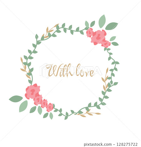 Wreath with delicate pink roses and green twigs with leaves. Festive vector illustration for the design or decor of postcards, invitations. Rustic template for circle-shaped text 128275722