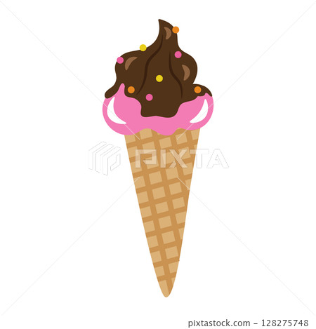 Ice cream cone in chocolate glaze with multicolored sprinkles. Vector illustration isolated on a white background. Ice cream cone in chocolate glaze with multicolored sprinkles. Vector illustration isolated on a white background. 128275748