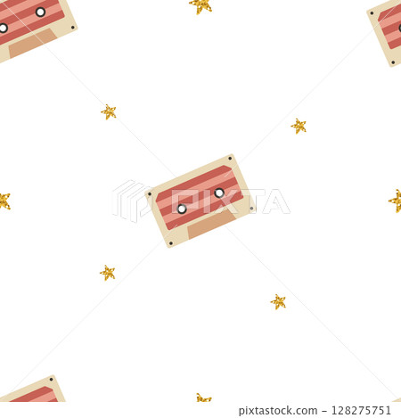 Seamless pattern with pink retro audio cassettes and gold stars. Vector vintage background for printing on paper, fabric, packaging. 128275751