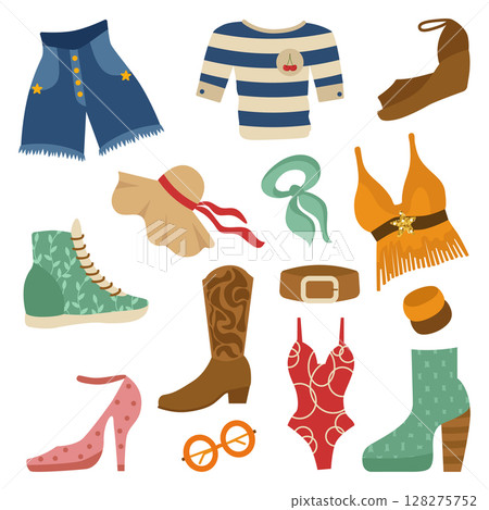 Set of retro women's clothing and shoes from the 60s and 70s. Shorts, T-shirt, sneakers, hat, cowboy boots, shoes, swimsuit, neckerchief, glasses, belt. Vector vintage illustration. Set of retro women's clothing and shoes from the 60s and 70s. Shorts, T-shirt, sneakers, hat, cowboy boots, shoes, swimsuit, neckerchief, glasses, belt. Vector vintage illustration. 128275752