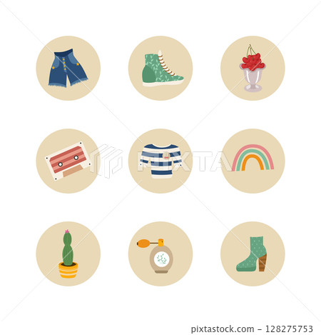 Highlights for social media stories from retro elements of the 60-70s. Vintage design with shorts, sneakers, berries in a cream bowl, cassette, rainbow, cactus, boots. Vector illustration. 128275753