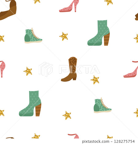 Seamless pattern with sneakers, cowboy boots, retro style sandals. Vector vintage background for printing on paper, fabric, packaging. Seamless pattern with sneakers, cowboy boots, retro style sandals. Vector vintage background for printing on paper, fabric, packaging. 128275754