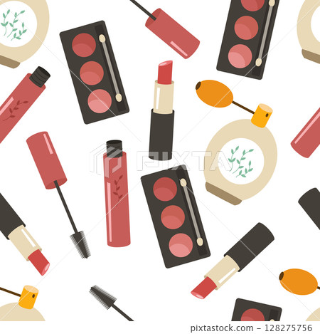 Seamless pattern with women's decorative makeup cosmetics. Lipstick, eye shadow, brush, mascara, perfume. Vector background for printing on paper, fabric, packaging. 128275756