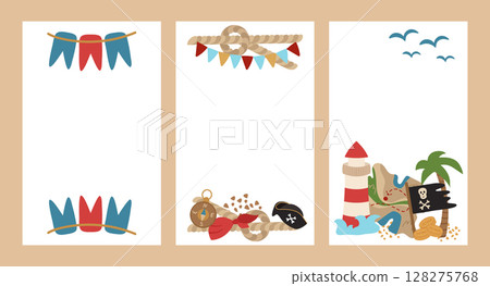Set of postcards for a pirate party, themed birthday, sea voyages and treasure hunting. Colorful marine design for holidays. Set of postcards for a pirate party, themed birthday, sea voyages and treasure hunting. Colorful marine design for holidays. 128275768