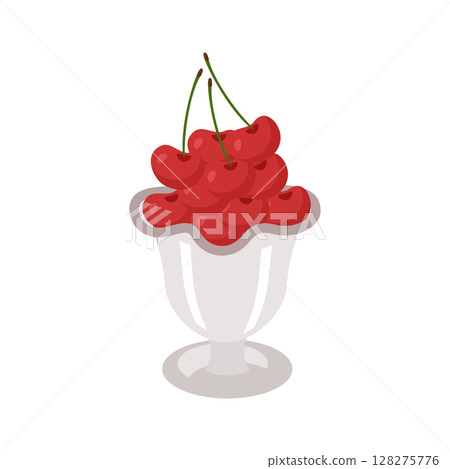 Cherry berries are bright red and ripe in a glass bowl. Beautifully laid out with a slide for serving. Vector illustration isolated on a white background. Cherry berries are bright red and ripe in a glass bowl. Beautifully laid out with a slide for serving. Vector illustration isolated on a white background. 128275776