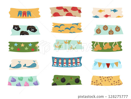 Washi tapes is a pirate collection with three-cornered treasures, fish, bombs, lighthouses. For notes, organizer, planner, scrapbooking. Vector illustration of adventures in cartoon style for Washi tapes is a pirate collection with three-cornered treasures, fish, bombs, lighthouses. For notes, organizer, planner, scrapbooking. Vector illustration of adventures in cartoon style for 128275777