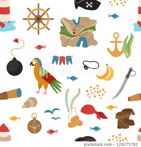 Seamless pirate pattern with black flag, coins, saber, jewels, map, fish, lighthouse. Vector illustration of sea voyages and treasure hunting. Seamless pirate pattern with black flag, coins, saber, jewels, map, fish, lighthouse. Vector illustration of sea voyages and treasure hunting. 128275782