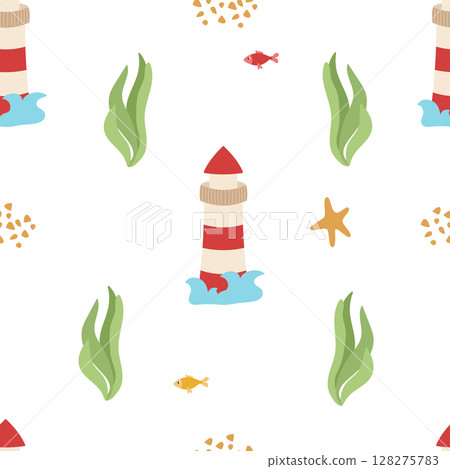 Seamless marine pattern with a lighthouse, sand and algae on a white background. Vector illustration of sea voyages for printing on paper or fabric, packaging 128275783