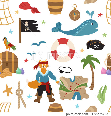 Seamless pirate pattern with Captain cat black flag, coins, saber, jewelry, map, fish, lighthouse. Vector illustration of sea voyages and treasure hunting. 128275784