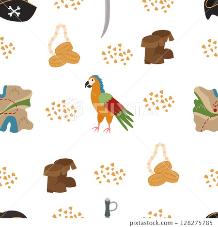 Seamless pirate pattern with cocked hat, coins, saber, jewelry, boots, map. Vector illustration of sea voyages and treasure hunting. 128275785