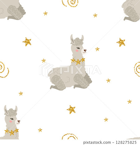 Seamless pattern with lamps or alpacas and golden stars and swirls. Vector background for the nursery. For printing on textiles, clothing, fabric, paper, packaging. 128275825