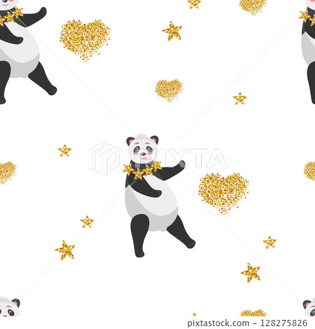 Seamless pattern with panda bear stars and golden hearts. Vector background in cartoon style for design, printing on paper or fabric. 128275826