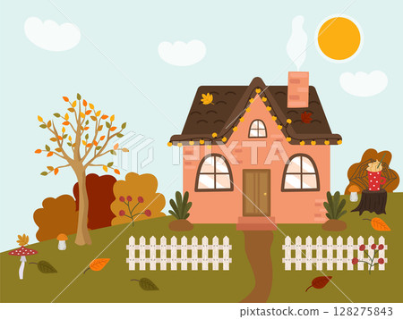 Autumn cozy rustic house with a brown roof. Cute rustic landscape with a white fence, tree, bushes, lawn. Vector illustration of a falling day outside the city. Autumn cozy rustic house with a brown roof. Cute rustic landscape with a white fence, tree, bushes, lawn. Vector illustration of a falling day outside the city. 128275843