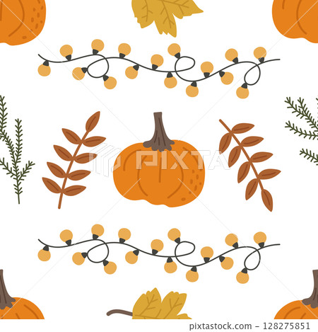 Seamless cozy autumn pattern with pumpkin, garland, twigs and leaves. Vector illustration for warm fall, printing on clothes, packaging, fabric, paper. Seamless cozy autumn pattern with pumpkin, garland, twigs and leaves. Vector illustration for warm fall, printing on clothes, packaging, fabric, paper. 128275851