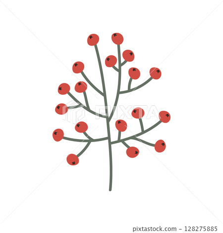 Bush of red autumn ripe berries on a branch. Vector clipart, isolated illustration on a white background. For a holiday card, banner, designer decor 128275885