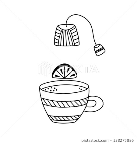 Cozy autumn postcard with a cup of tea with lemon and a bag contour linear illustration. Vector doodle illustration for decoration, design or printing on clothes. 128275886