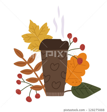 Autumn coffee in a paper cup. Vector cartoon illustration with fallen colorful leaves and berries. Applique with latte for design, decoration, printing on a T-shirt 128275888