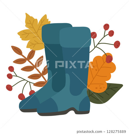 Autumn rubber boots. Vector cartoon illustration with fallen colorful leaves and berries. Applique for design, decoration, printing on a T-shirt Autumn rubber boots. Vector cartoon illustration with fallen colorful leaves and berries. Applique for design, decoration, printing on a T-shirt 128275889